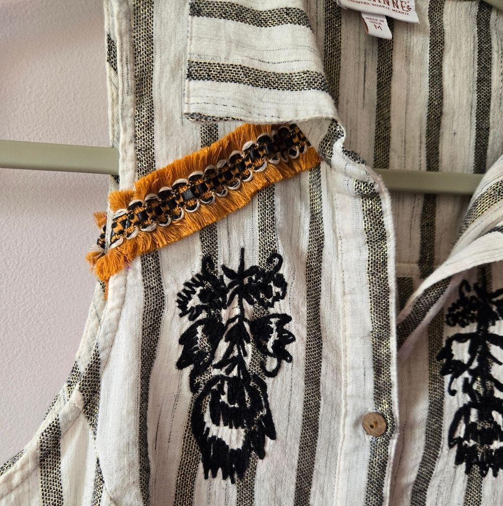 Shyanne Boho Striped Sleeveless Button Down Top - Size M - Metallic & Embroidere